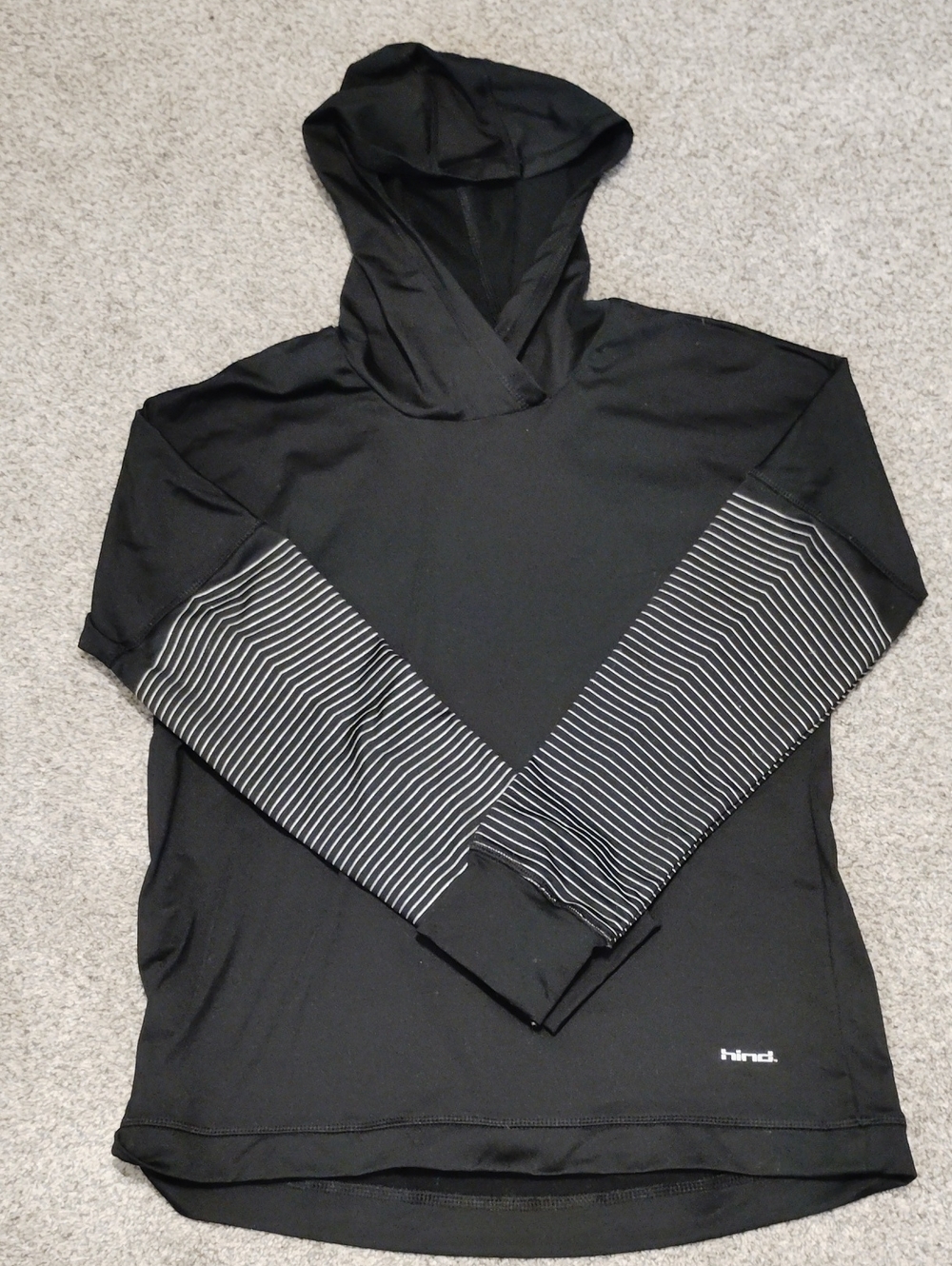 Hind Black Hoodie with Black-and-White Striped Sleeve Panels